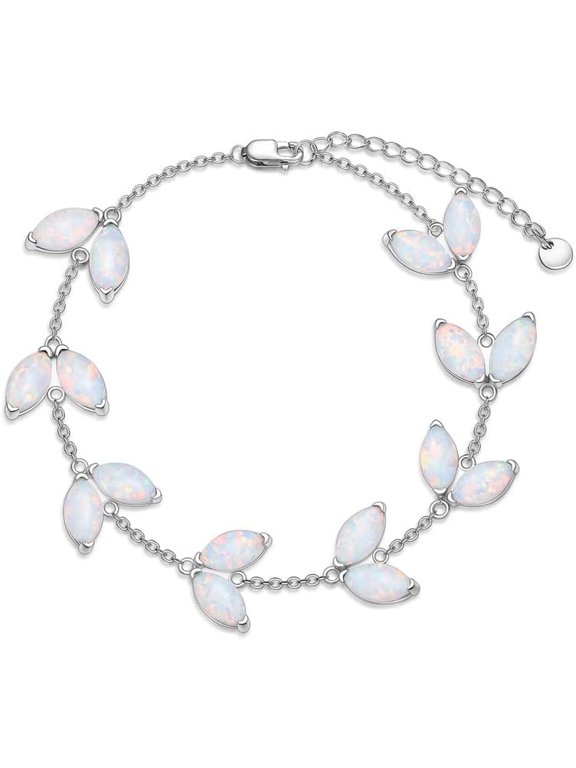 925 Sterling Silver Opal Leaf - shaped Bracelet Anklet for Women 7+2 inch length(Adjustable 7" to 9")