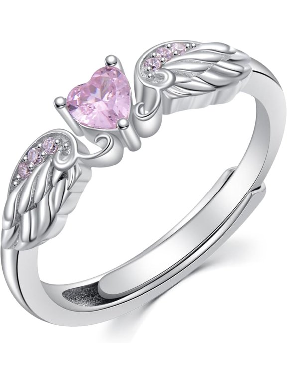 Angel Promise Ring 925 Sterling Silver Angel Wings Heart Ring Women's Angel Memorial Ring with Heart-Shaped Birthstone Promise Ring Adjustable Size 7