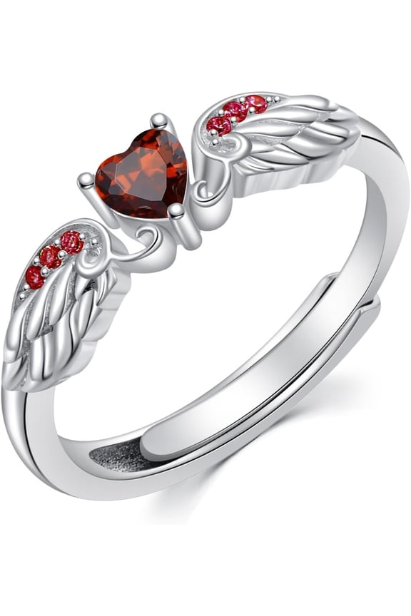 Angel Promise Ring 925 Sterling Silver Angel Wings Heart Ring Women's Angel Memorial Ring with Heart-Shaped Birthstone Promise Ring Adjustable Size 7