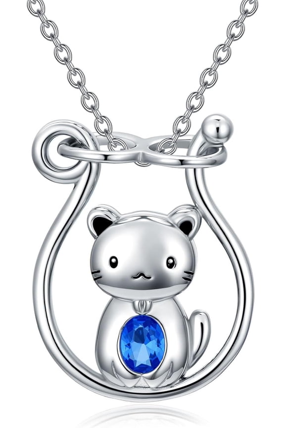 Cat Necklace 925 Sterling Silver Animal Pendant with Blue Gemstone for Women