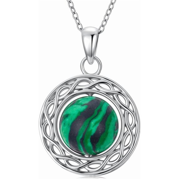 Soulmeet Celtic Knot Spinnable Malachite Necklace, 925 Sterling Silver Simple Round Malachite Pendant Necklace for Women, Anniversary & Birthday Gifts, with 18+2inch Chain