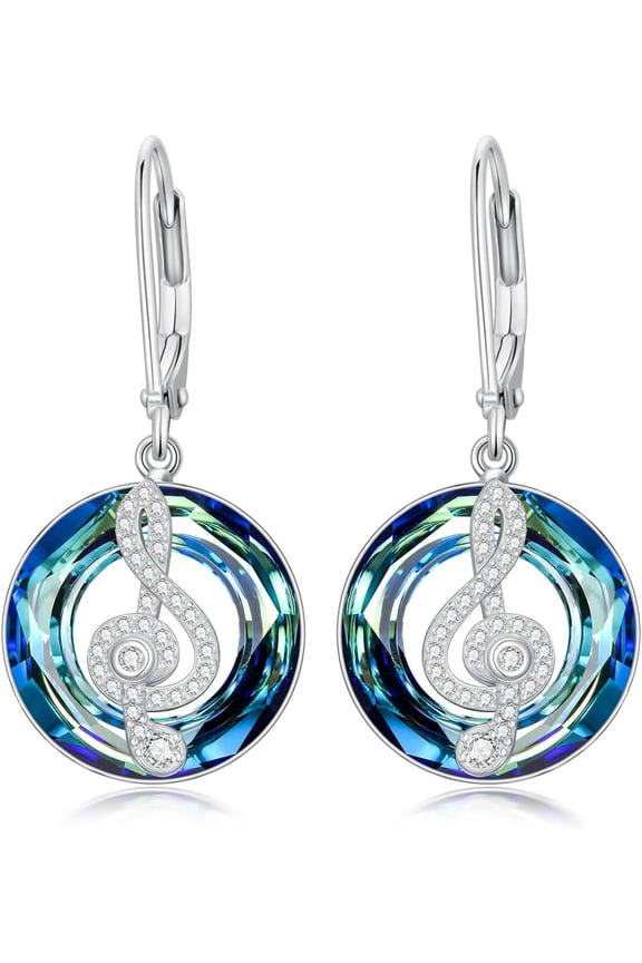 Circle Crystal Earrings 925 Sterling Silver Musical Note Blue Crystal Earrings for Women Her