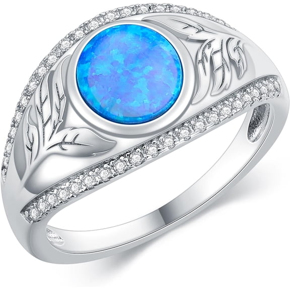 Soulmeet Genuine Opal Engagement Ring for Women,Leaf Promise Ring for Women, Silver Lotus Flower Ring for Women,Blue Opal Engagement Promise Ring for Women Hers Size 5-9-1