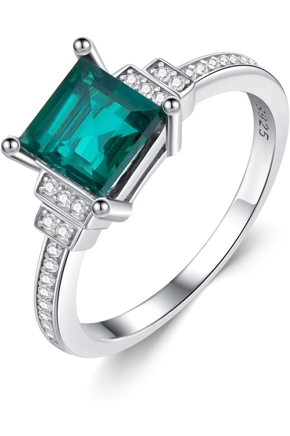 Laboratory-Grown Emerald Ring 925 Sterling Silver 7X7 mm Cushion Cut Emerald Single Stone Engagement Ring for Women