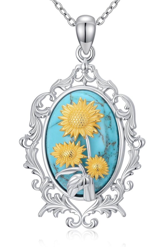 Natural Turquoise Sunflower Pendant Necklace for Women 925 Sterling Silver Genuine Turquoise Jewelry Gifts for Mom Wife Girlfriend