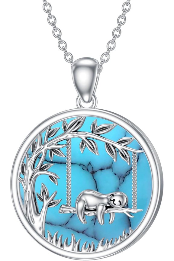 Sloth Necklace 925 Sterling Silver Sloth Pendant Turquoise Necklace Animal Jewelry Gift for Women, Standard Sterling Silver, Turquoise