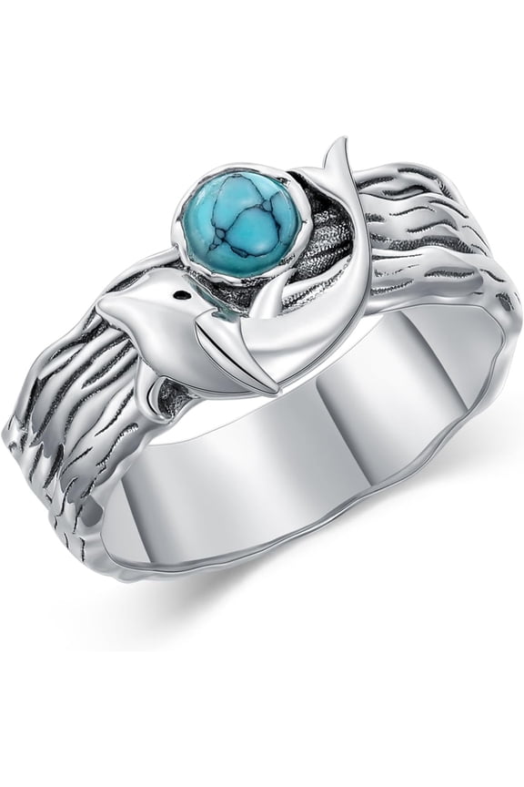 Women's Dolphin Ring 925 Sterling Silver Genuine Turquoise Ring Ocean Dolphin Ring Western Engagement Ring Turquoise Jewelry Gift for Mom or Wife