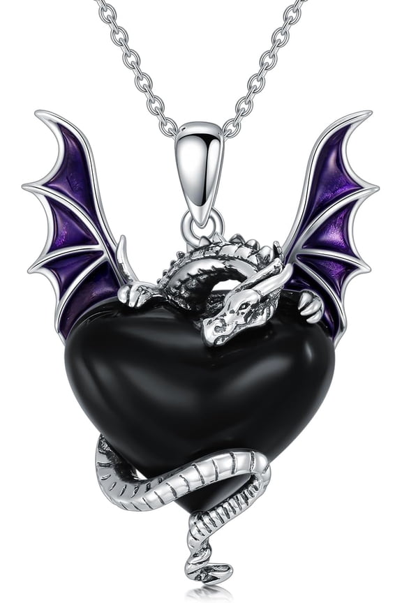 Women's Dragon Necklace 925 Sterling Silver Natural Black Agate Dragon Pendant Necklace Jewelry, Standard Sterling Silver, Black Agate