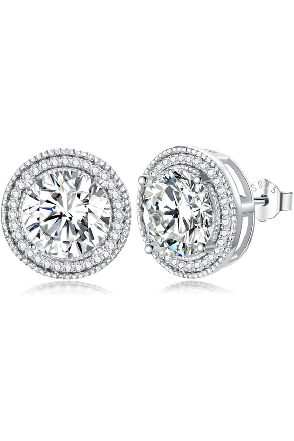 Women's Moissanite Stud Earrings 4 Carats(ctw) Moissanite Halo Earrings Women's Stud Earrings 925 Sterling Silver Round Cut Moissanite Earrings Gift, Standard Sterling Silver, Carbonite