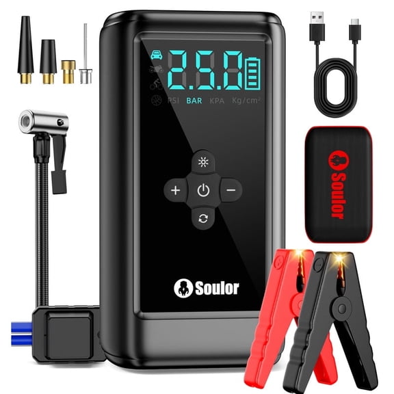 Soulor 5000A Jump Starter with Air Compressor,Portable 12V Jump Box with 160PSI Tire Inflator, Jumper Cables and LED Light