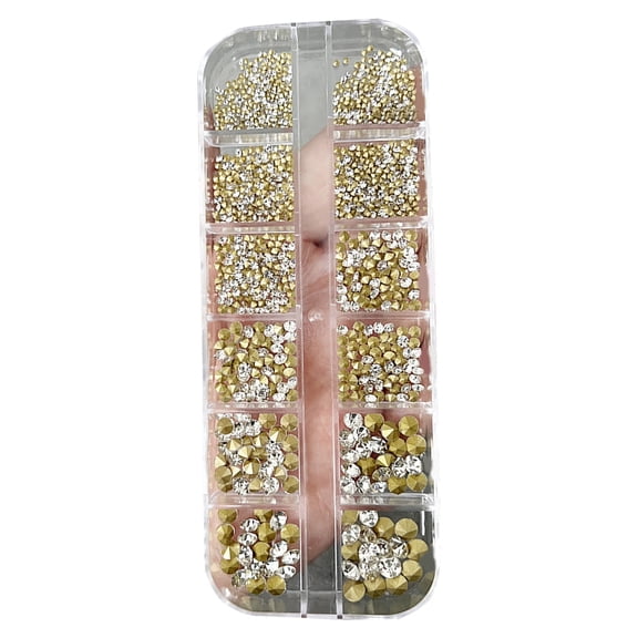 Soumake 1 Box Nail Rhinestone Mixed Size Clear Shining Easy Paste Removable Nail Decoration 12 Grids 3D Irregular Shaped Manicure Charm Nail Supplies
