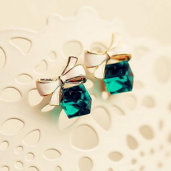 Soumake 1 Pair Fashion Faux Crystal Bowknot Cube Ear Stud Earring Jewelry Accessory For Party Fashion