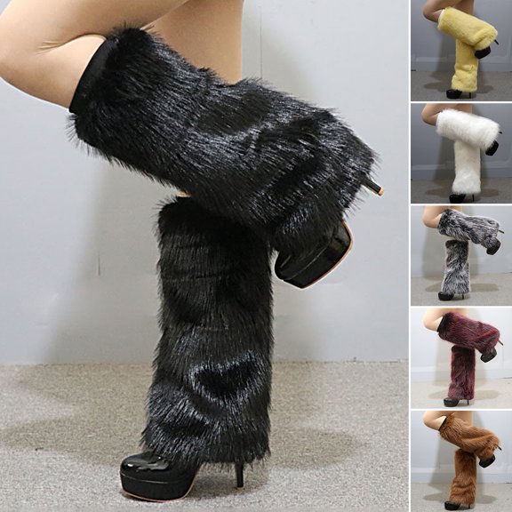 Soumake 1 Pair Plush Elastic Solid Color Thick Leg Warmers Autumn Winter Women Warm Faux Fur Boot Stockings