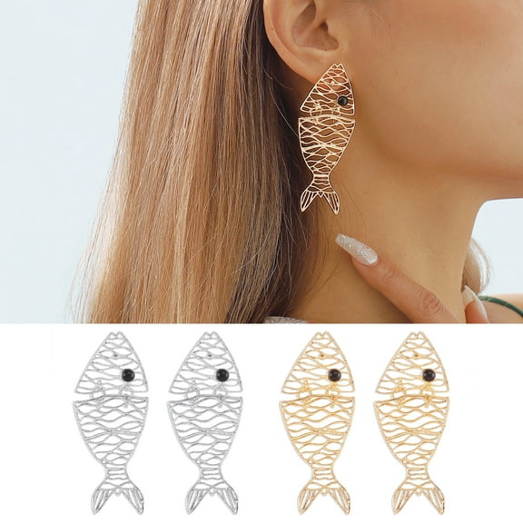 Soumake 1 Pair Women Dangle Earrings Hollow Out Fish Shape Petal Stainless Alloy Exaggerated Ear Decoration Jewelry Long Hanging Earrings Party Prom Hanging Earrings Fashion