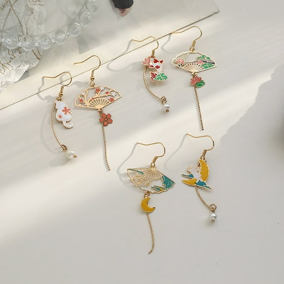 Soumake 1 Pair Women Earrings Fan Crane Asymmetry Jewelry Animal Pendant Faux Pearl Painted Hook Earrings for Dating