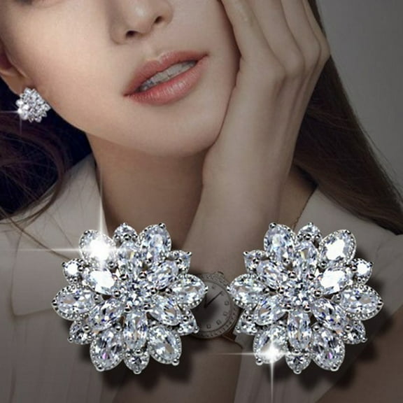 Soumake 1 Pair Women Fashion Flower Rhinestone Inlaid Cubic Zirconia Ear Studs Earrings For Wedding Party Fashion