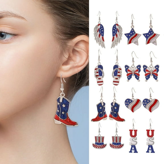 Soumake 1 Pair Women Hook Earrings American Pride Day Celebration Rhinestone Decor Star Heart Butterfly Hat Wing Pendant Color Matching Patriotic Independence Day Hanging Earrings
