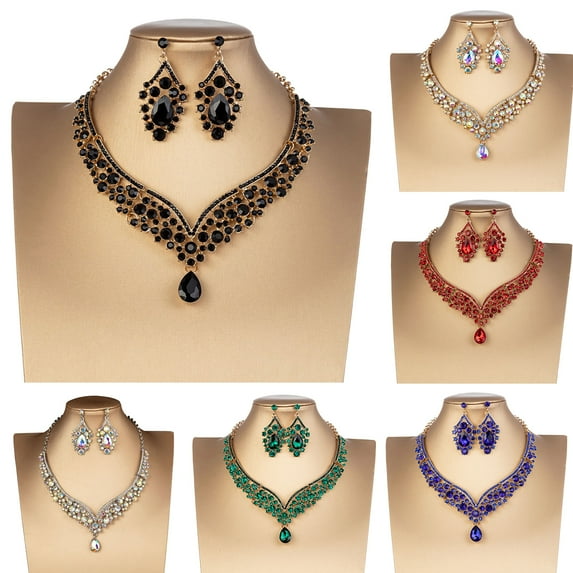 Soumake 1 Set Bridal Earrings Necklace Water Drop-shaped Rhinestones Jewelry Geometric Adjustable Jewelry Set for Wedding