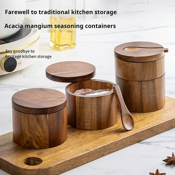Soumake 2-Layer Salt And Pepper Bowl with Spoon Magnetic Swivel Lid Dustproof Seasoning Box Rotatable Design Kitchen Helper for Serving