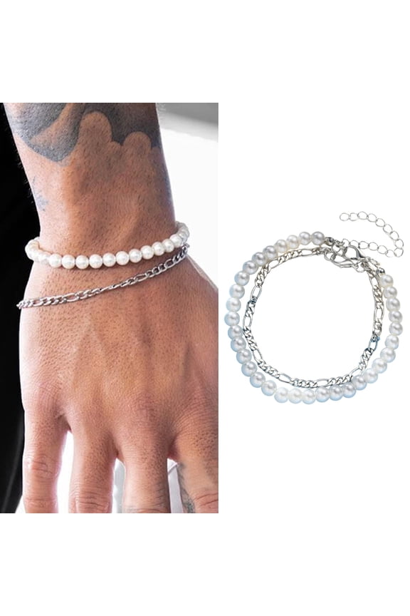 2 Pcs/Set Unisex Bracelet Faux Pearl Hollow Chain Lobster Clip Adjustable Double-Layered Stackable Smooth Polished Wrist Bracelet