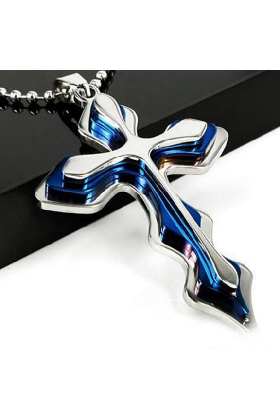 2Pcs Men Fashion Rhinestones Inlaid Jesus Cross Pendant Chain Necklace Gift