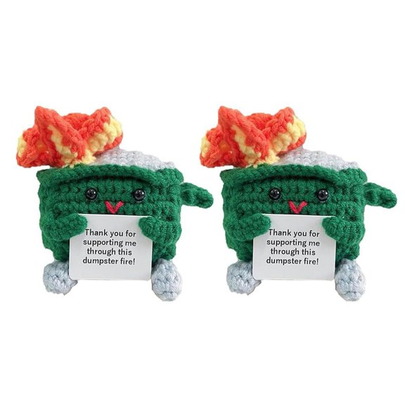 Soumake 2Pcs Positive Crochet Flame Dumpster with Encouraging Card Emotional Support Handmade Knitting Trash Can Doll Decoration Ornament