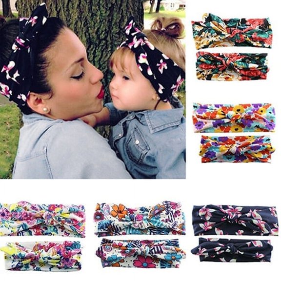 Soumake 2Pcs/Set Mom Baby Cute Beautiful Elastic Floral Bowknot Headbands Hair Bands Fashion