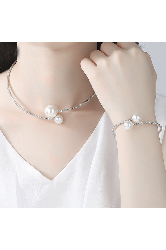 2Pcs/Set Women Elegant Jewelry Set Shiny Rhinestones Faux Pearls Adjustable Open Collar Necklace Bangle Set Fashion