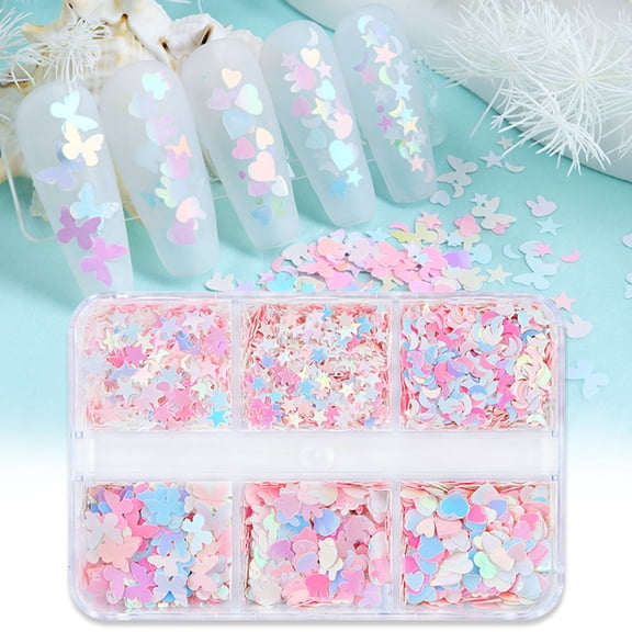 Soumake 3D Nail Glitter Sequins 6 Grids Star Moon Butterfly Bunny Heart Shape Manicure Accessories Face Hand Body Eyes Make-up Decoration Valentine's Day Gift