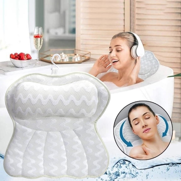 Soumake Bathtub Pillow with 6 Suction Cups Hook Washable Ergonomic Air Mesh Non-slip Neck Shoulder Back Support Thick Soft SPA Headrest Cushion Bathroom Supplies