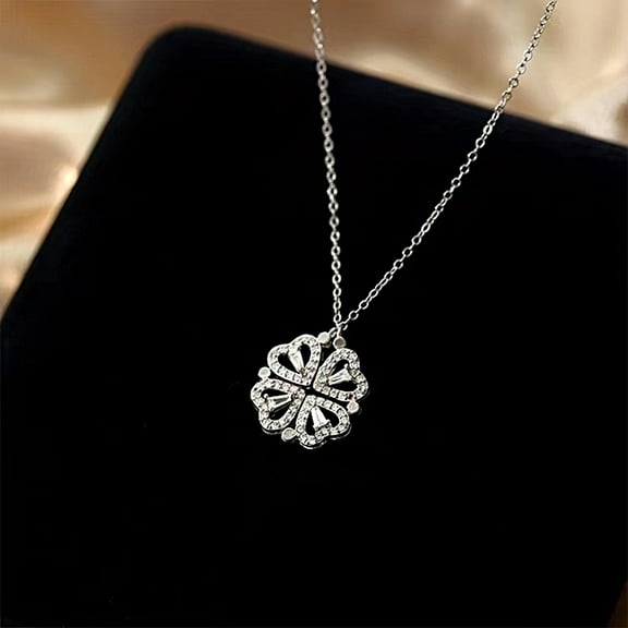Soumake Clavicle Chain Electroplating Rhinestone Two Ways Wearing Heart-shaped High Gloss Decorate Neck Ornament Transform Luxury Four Leaf Clover Pendant Necklace for Dating