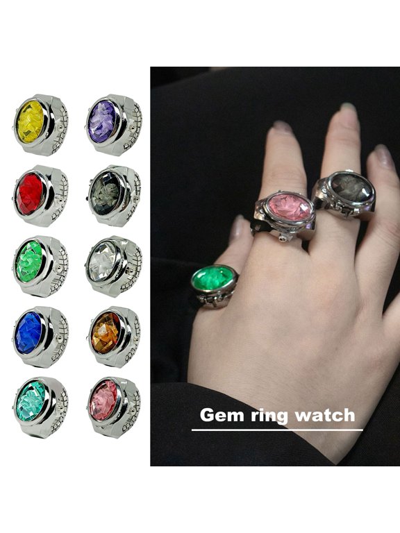 Colorful Rhinestone Ring Watch with Flip Cover Elastic Stainless Steel Band Oval Dial Women Watch Finger Ring Birthday Gift Fashion Accessories