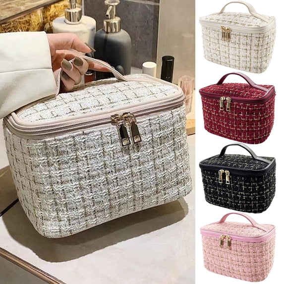 Soumake Cosmetic Bag Set Plaid Texture Zipper Closure Large Capacity Inner Mesh Pockets Retro Portable With Handle Toilet Requisites Storage Toiletry Bag Travel Outdoor Makeup Organizer Practical