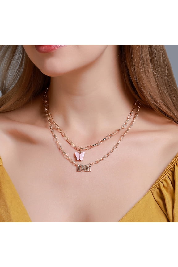 Double Layer Acrylic Butterfly Necklace Letter Angel Pendant Long Chain Jewelry