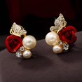 thumbnail image 1 of Soumake Earrings Red Rose Flower Faux Pearl Decor Exquisite Alloy Ear Studs Jewelry Gift for Party, 1 of 7