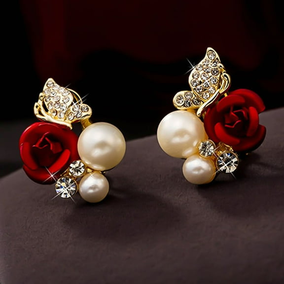 Soumake Earrings Red Rose Flower Faux Pearl Decor Exquisite Alloy Ear Studs Jewelry Gift for Party
