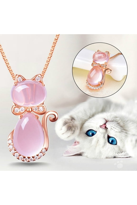 Elegant Women Rhinestone Faux Opal Cat Pendant Necklace Long Chain Party Jewelry