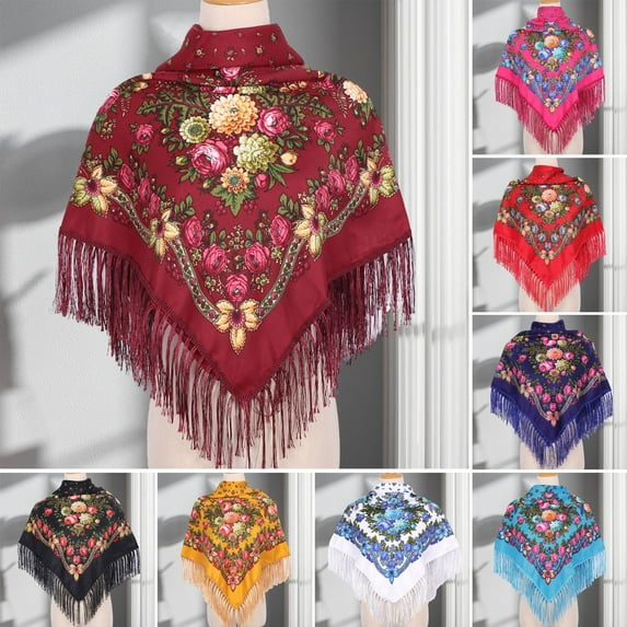 Soumake Ethic Style Floral Print Shawl Fringed Elegant Soft Warm Fall Winter Middle-Aged Elderly Women Square Blanket Scarf Neck Wrap Fashion