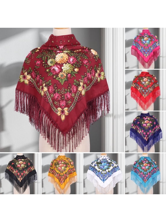 Ethic Style Floral Print Shawl Fringed Elegant Soft Warm Fall Winter Middle-Aged Elderly Women Square Blanket Scarf Neck Wrap Fashion