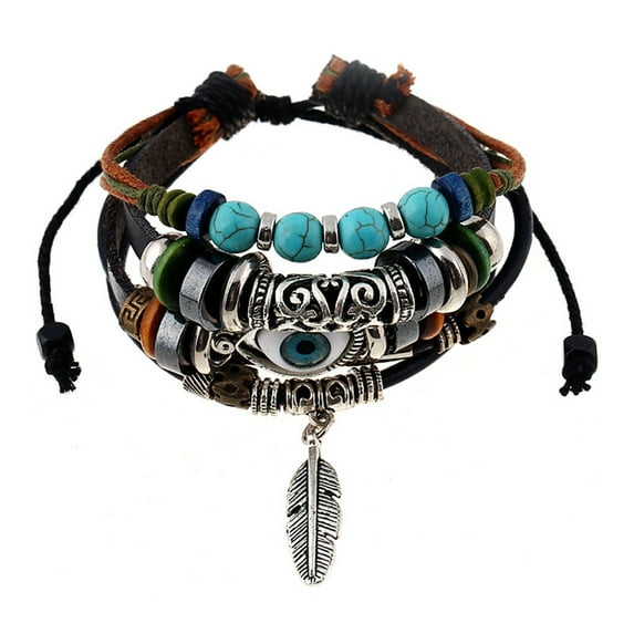 Soumake Ethnic Style Bracelet Blue Eye Alloy Feather Pendent Multilayer Beaded Wristband Women Men Bracelet Jewelry Accessories Gift Fashion
