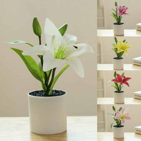 Soumake Fake Flower Pot Simulated Easy Care Plastic Realistic Lily Bonsai Artificial Plant Decor For Home Household