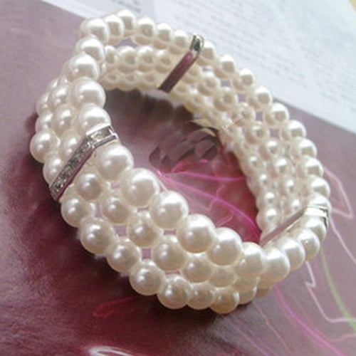 Soumake Fashion 3 Rows Faux Pearl Rhinestone Decor Elastic Stretchy Bangle Bracelet