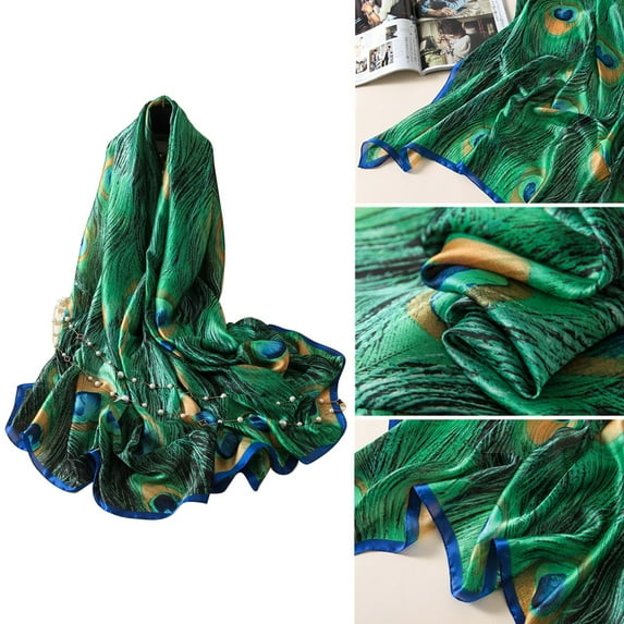 Soumake Fashion Peacock Feather Scarves Women Silk Cover Up Scarf Beach Travel Shawl