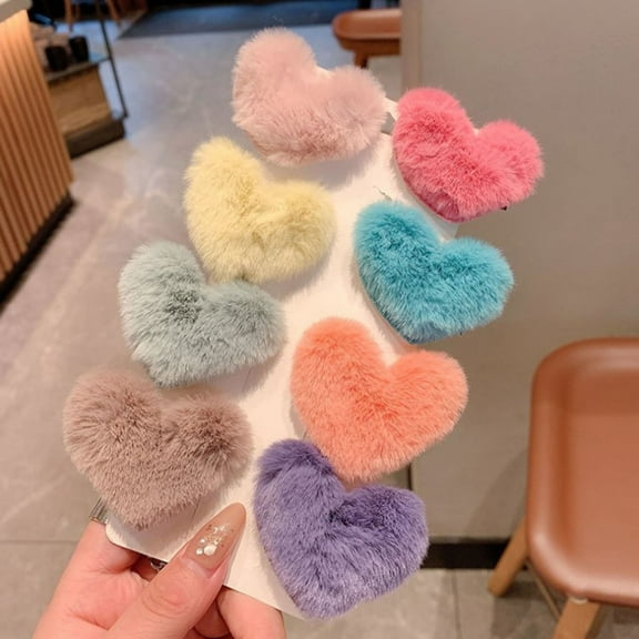 Soumake Hair Pin Sweet Plush Faux Mink Fur Elegant Anti-Slip Hair Accessories Pure Color Love Heart Shape Children Side Hair Clip For Winter Fashion