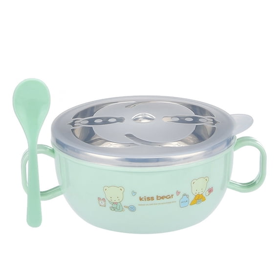 Soumake Kids Training Bowl Fall Resistance High Temperature Resistant with Lid Easy to Clean Dual Handles Dustproof Stainless Steel Cartoon Kids Bowl Toddlers Spoon for Daily Use