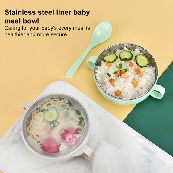 Soumake Kids Training Bowl Fall Resistance High Temperature Resistant with Lid Easy to Clean Dual Handles Dustproof Stainless Steel Cartoon Kids Bowl Toddlers Spoon for Daily Use