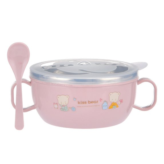 Soumake Kids Training Bowl Fall Resistance High Temperature Resistant with Lid Easy to Clean Dual Handles Dustproof Stainless Steel Cartoon Kids Bowl Toddlers Spoon for Daily Use