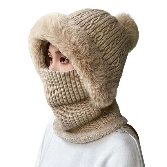Soumake Knitted Hat Multipurpose Pompom Plush Ears Solid Color Autumn Winter Women Face Cover Neck Gaiter Warmer Beanie Cap for Ski