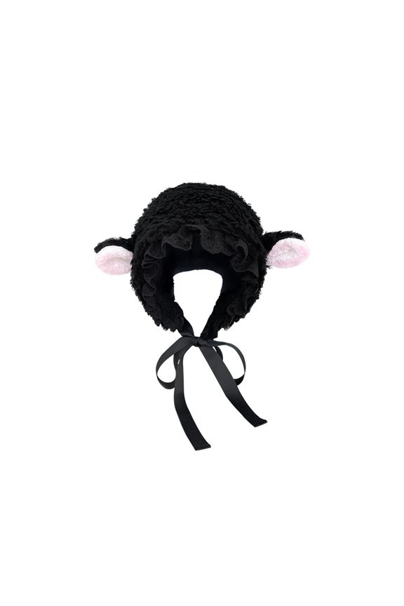 Ladies Hat Photo Prop Sheep Ear Decor Solid Color Fluffy Thick Keep Warm Windproof Adjustable Winter Hat for Students