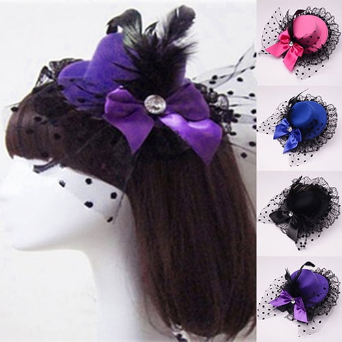 Soumake Lady Mini Top Hat Cap Bowknot Decor Lace Fascinator Hair Clip Costume Accessory